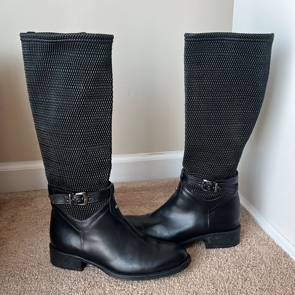 Aquatalia Black Leather Stretch Zip Up Riding Boots with Buckle - Picture 1 of 9